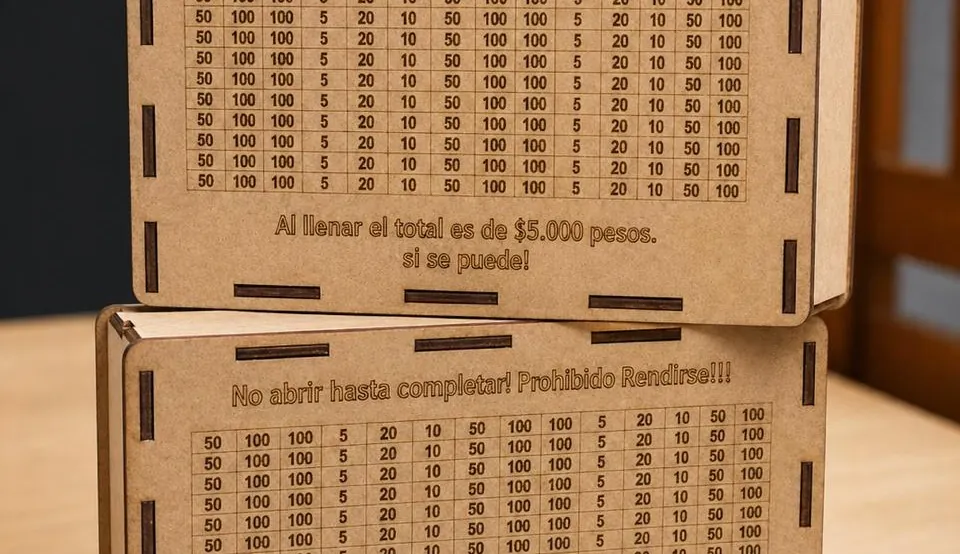 Alcancía de MDF cortada en láser con la palabra Retos